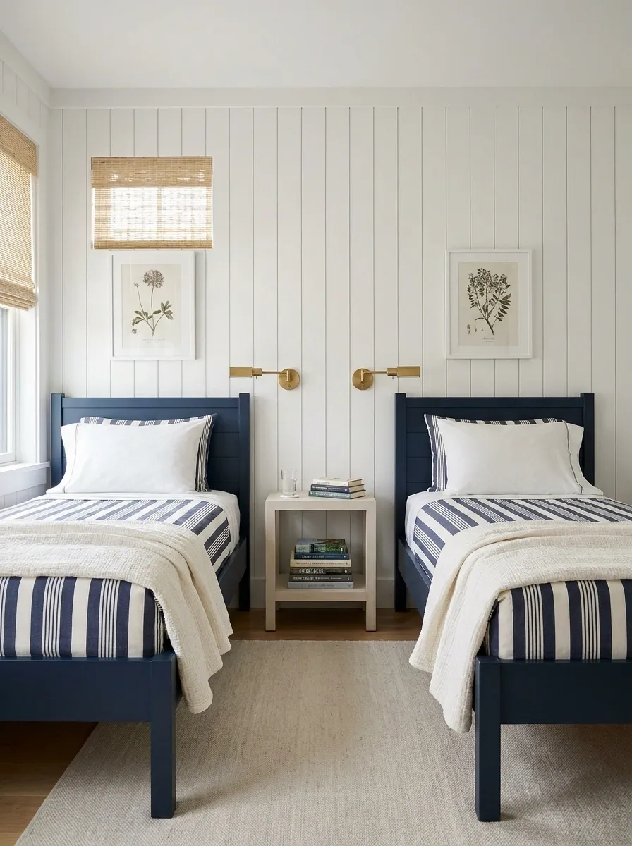 Navy and Warm White Coastal Bedroom With Woven Textures