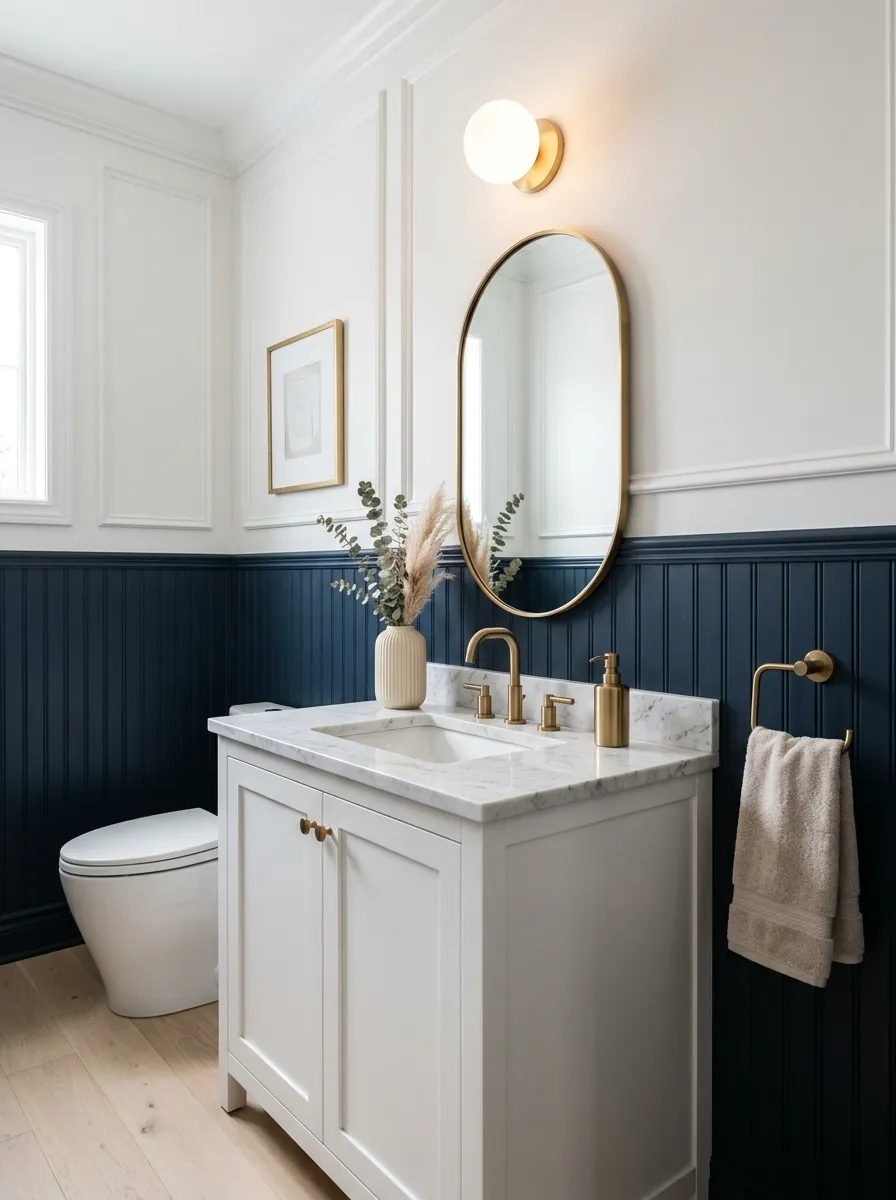 Navy Beadboard Powder Room With White Stone and Brass