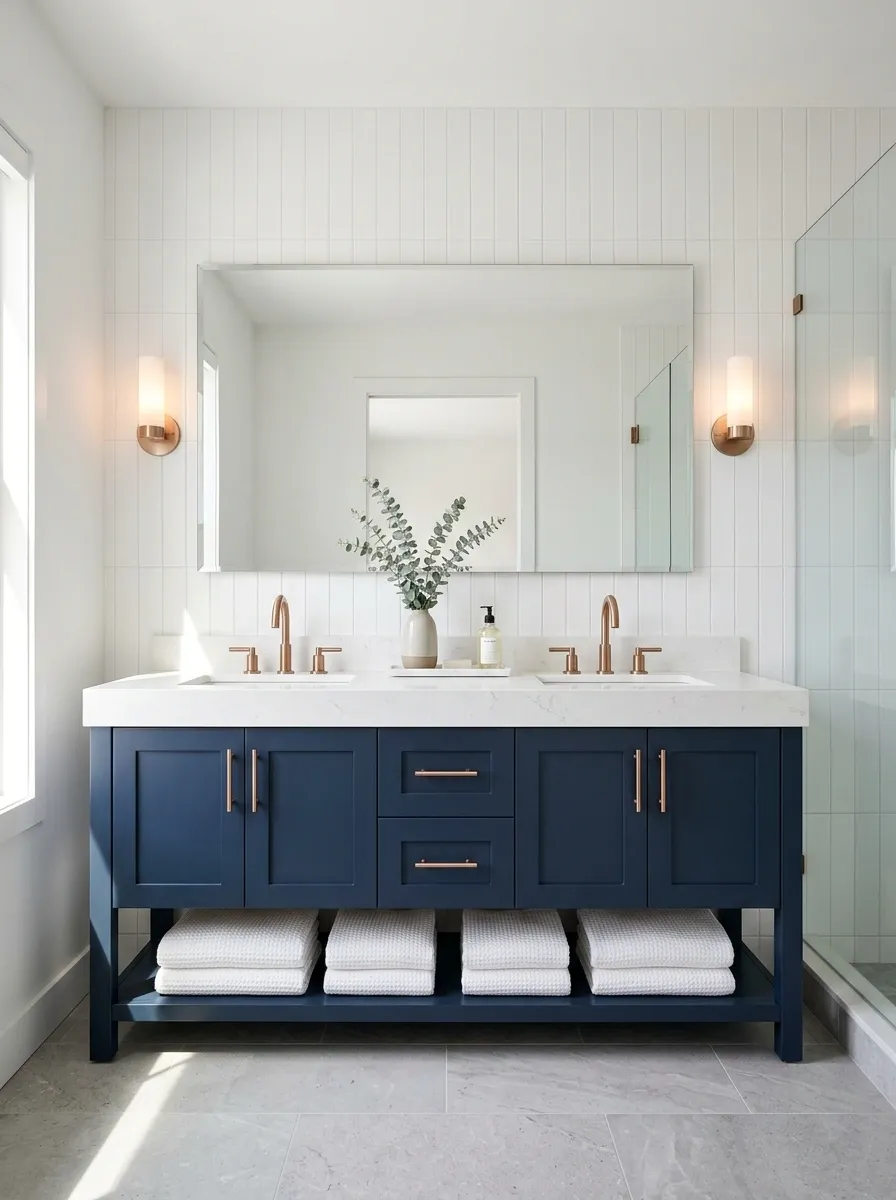Navy Blue Vanity With White Quartz and Rose Gold Fixtures