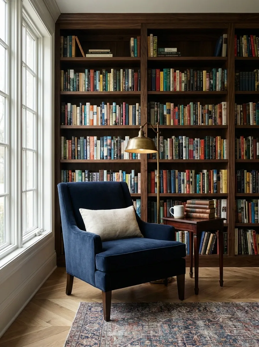 Navy Chair in a Classic Home Library