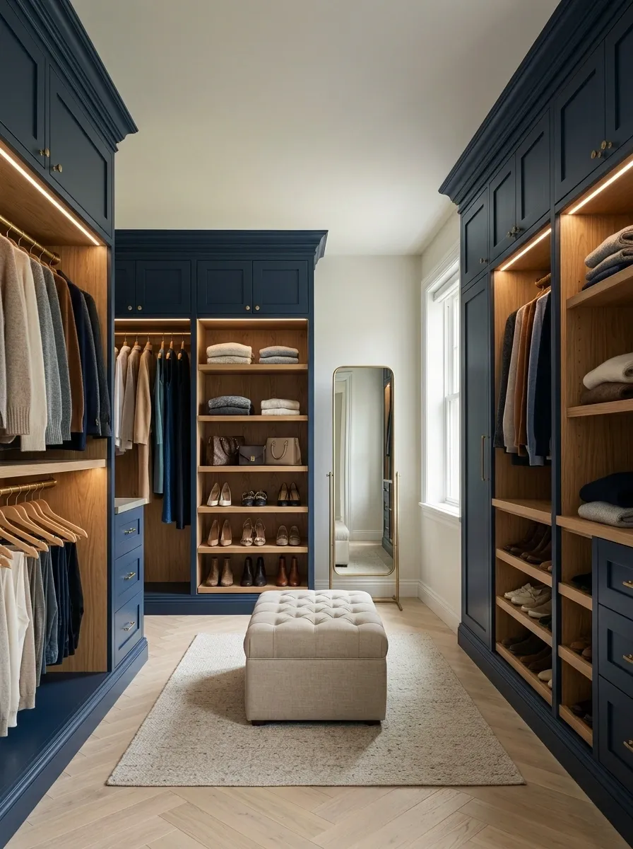 Navy Closet With Warm Wood and Brass Details