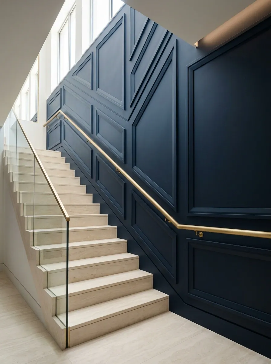 Navy Geometric Moulding With a Modern Brass Railing