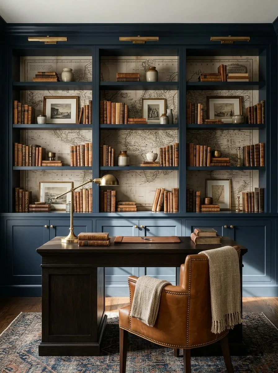 Navy Library Wall With Vintage Map Wallpaper Behind Open Shelves
