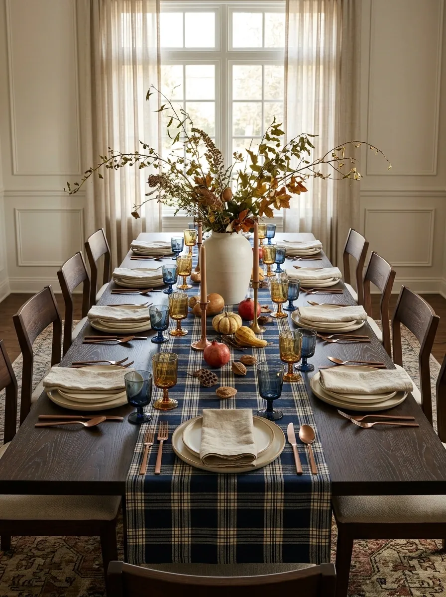 Navy Plaid and Cream Tableware With a Modern Traditional Finish