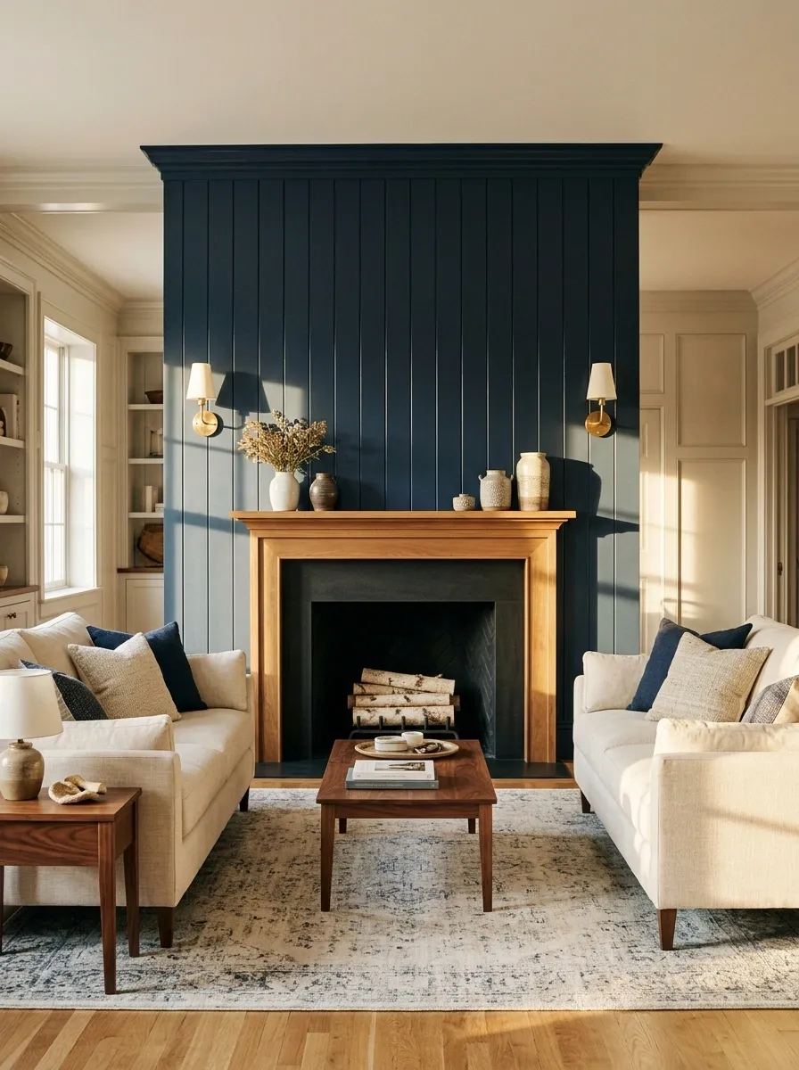 Navy Shiplap Fireplace With Brass and Cream