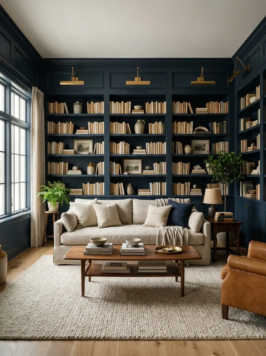 Navy + Soft Beige in a Library-Style Living Room
