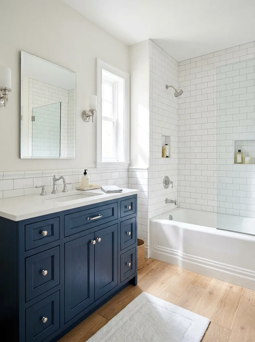 Navy Vanity With Classic White Bathtub Tile