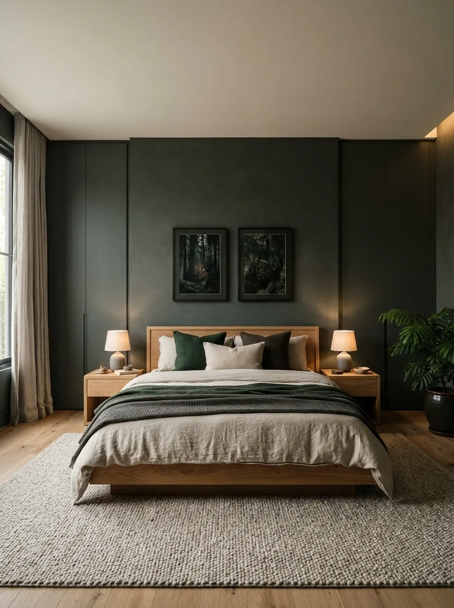 Night-Forest Bedroom With Charcoal Walls and Warm Bedside Pools of Light