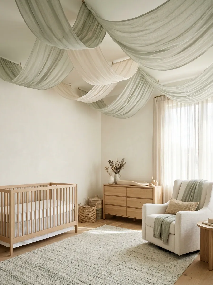 Nursery With Gentle Sage and Ivory Ceiling Drapes