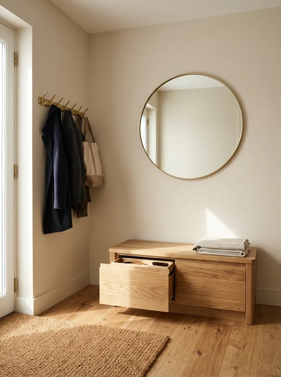 Oak Bench Corner With Hooks on the Return Wall