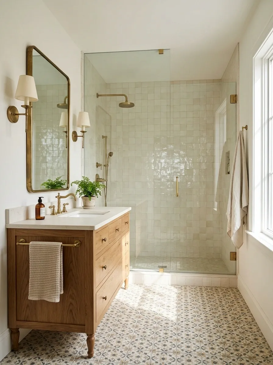 Oak Washstand Bathroom With Cream Tile and a Clear Glass Shower
