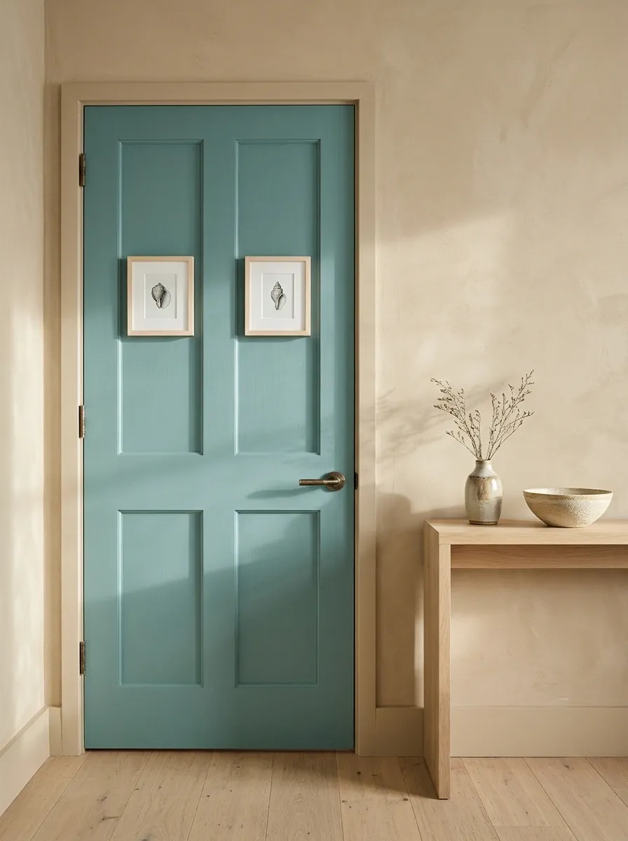 Ocean-Inspired Door With Sea-Glass Colors and Shell Art