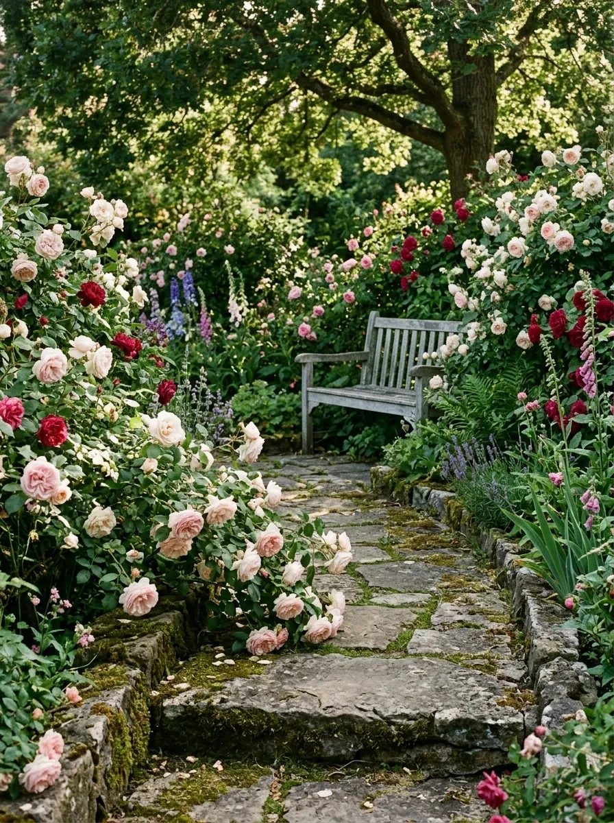 Old-Fashioned Rose Garden With a Weathered Stone Path
