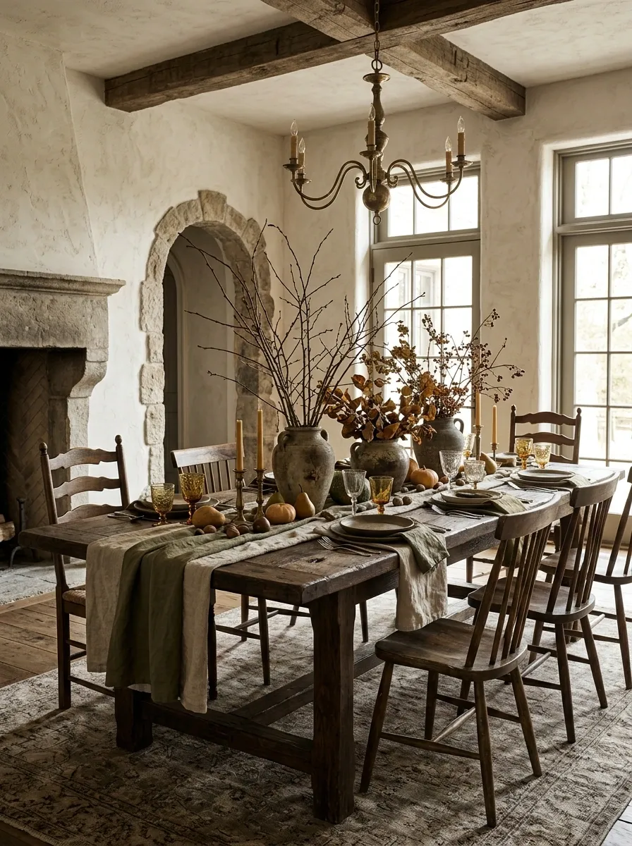 Old World Thanksgiving Dining Room With Stone, Linen, and Weathered Wood