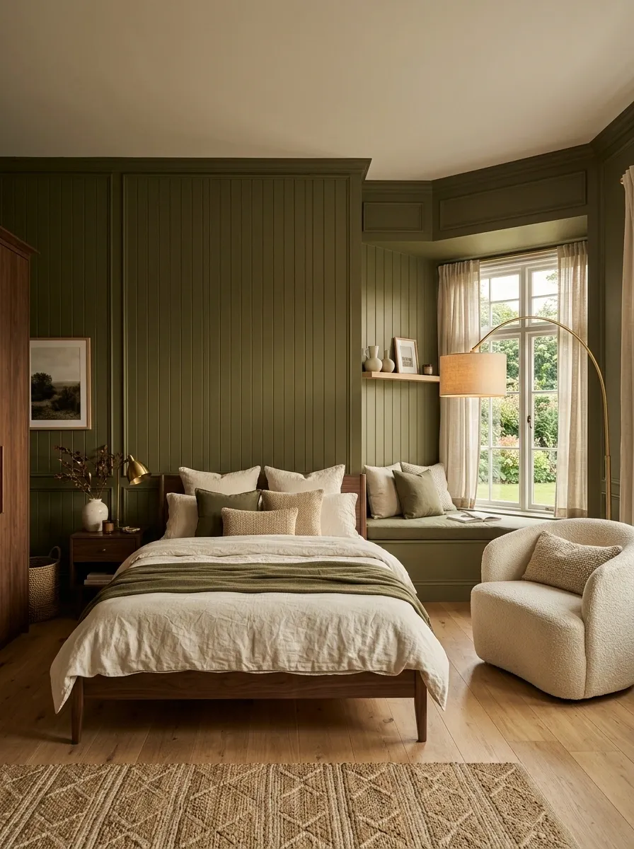 Olive Beadboard Bedroom With a Built-In Reading Nook
