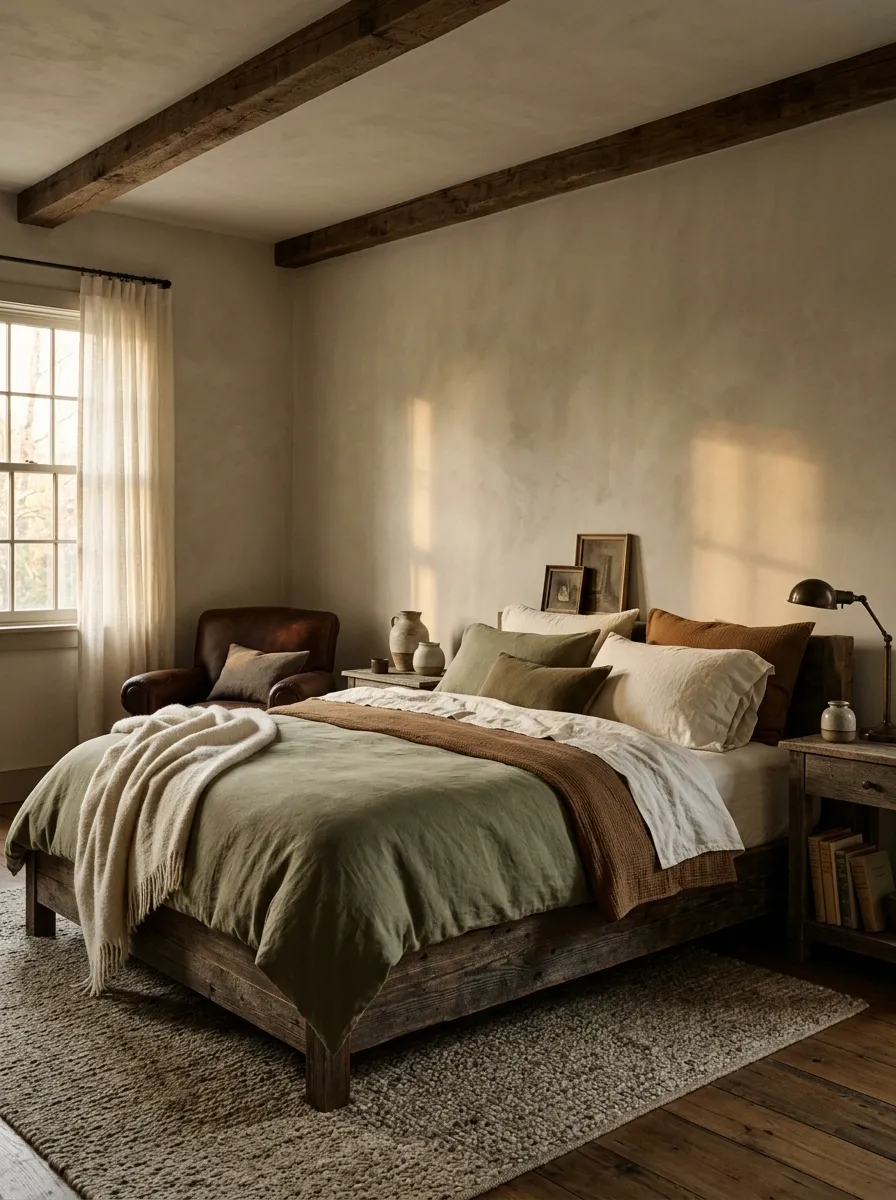 Olive Bedding With Tobacco Brown and Antique Timber