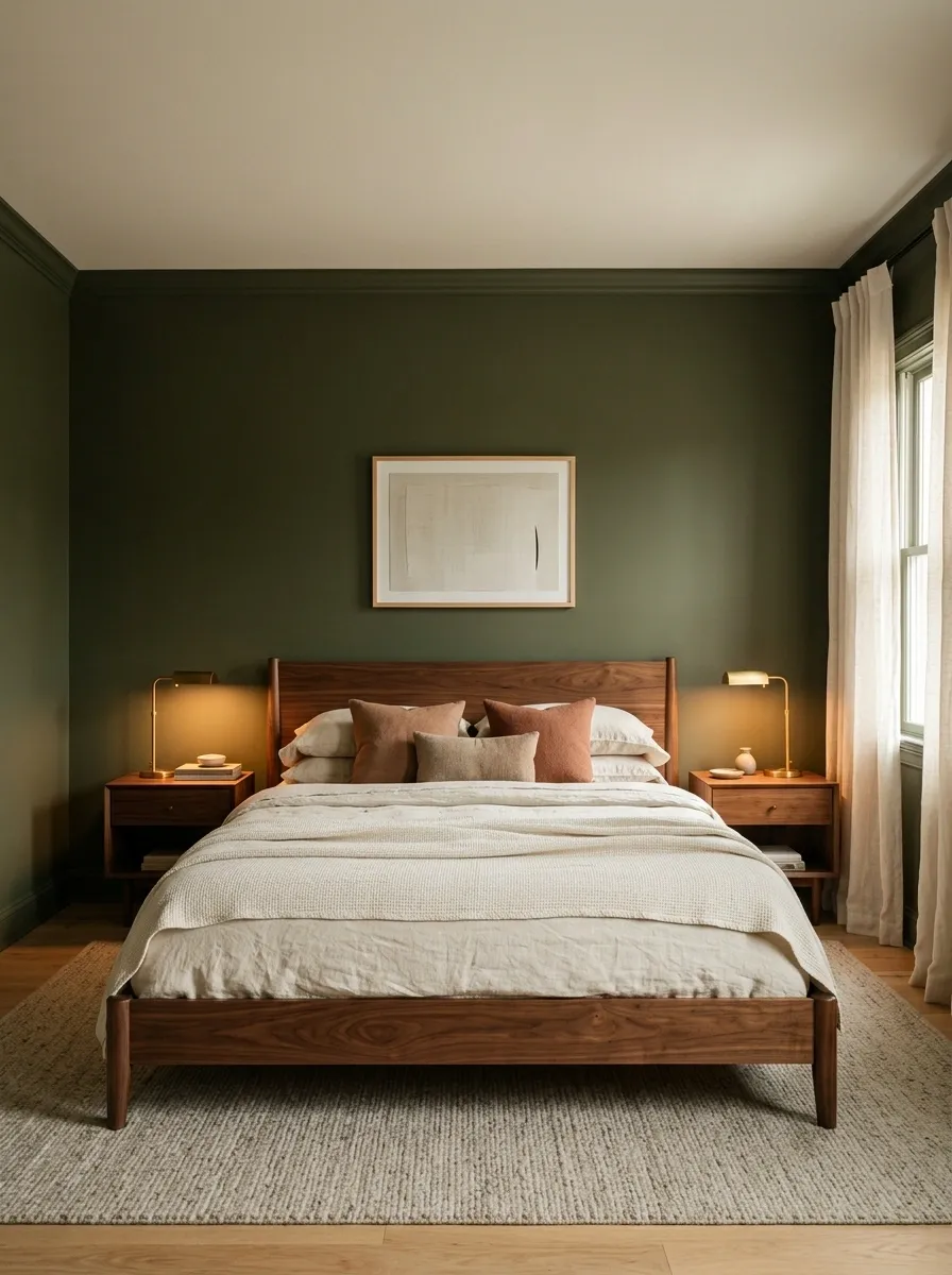 Olive Green and Walnut Bedroom With Rich, Earthy Contrast
