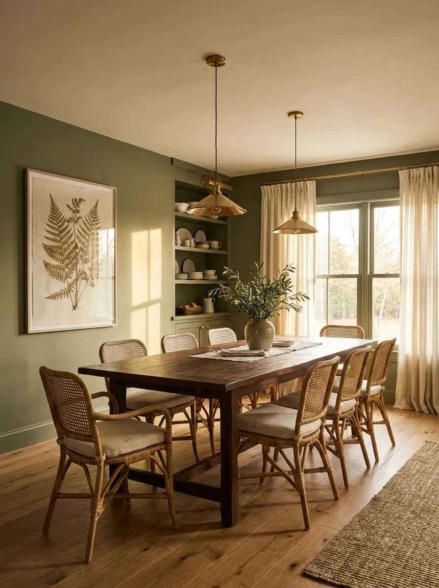 Olive Green and Walnut Farmhouse Dining Room With Garden-Inspired Color