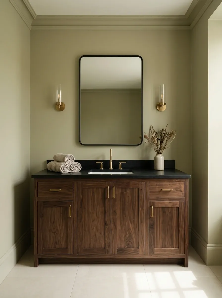 Olive Green Bathroom With Black Walnut Vanity