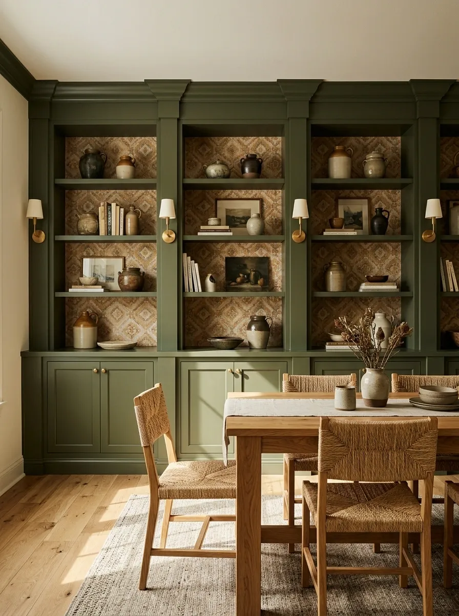 Olive Green Bookcases With Warm Geometric Wallpaper