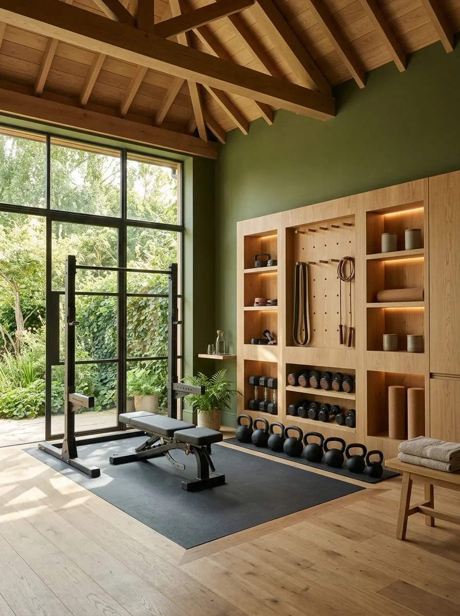 Olive Green Gym With an Oak Equipment Wall