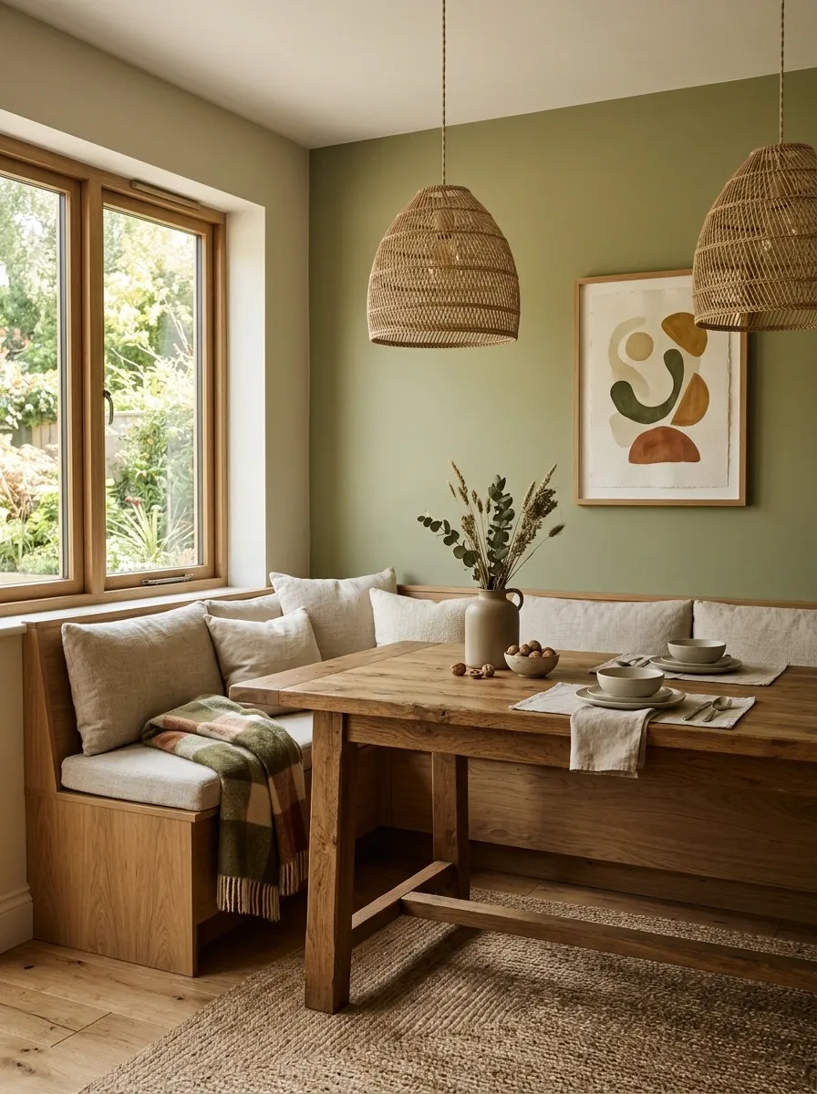 Olive Green Nook With Rustic Oak and Woven Pendants