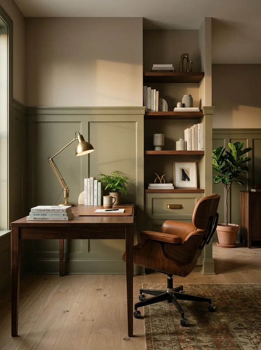 Olive Green Wainscoting in a Moody Home Office