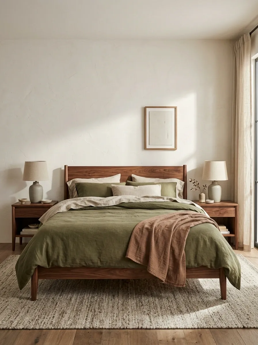 Olive Linen and Rust Accents With Walnut Furniture