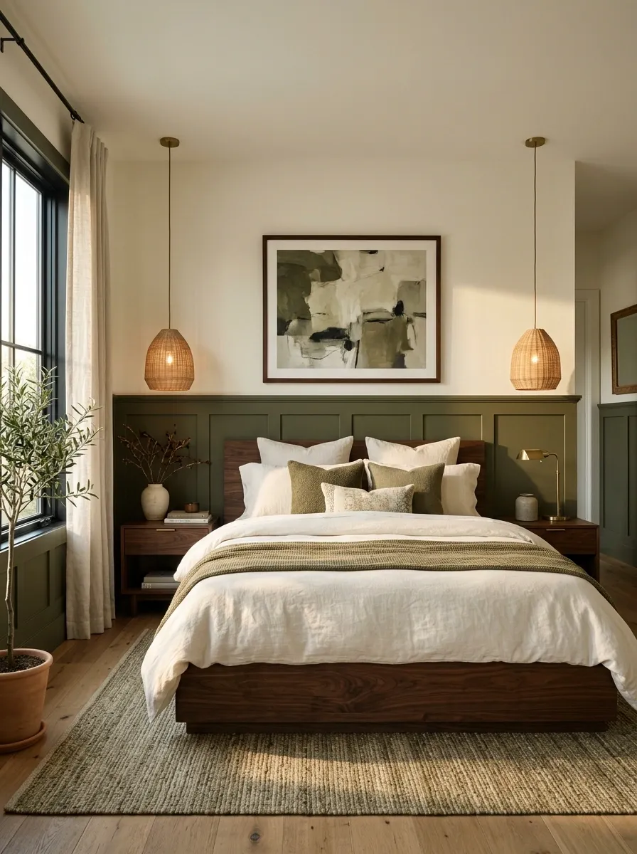 Olive Paneling With a Walnut Bed Wall