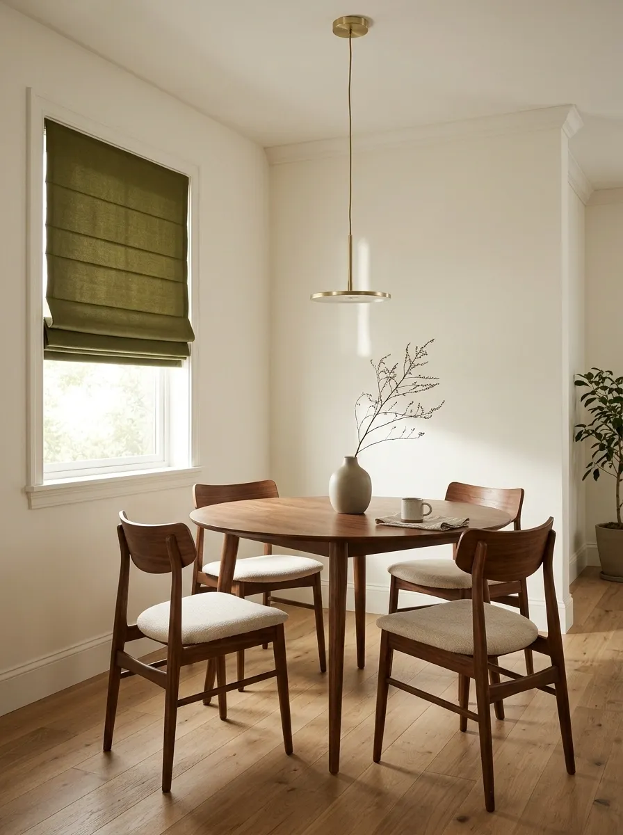 Olive Roman Shades in a Mid-Century Breakfast Nook