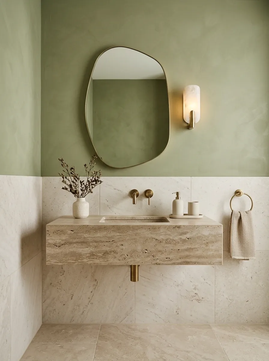 Olive Textured Wall With a Limestone Lower Section