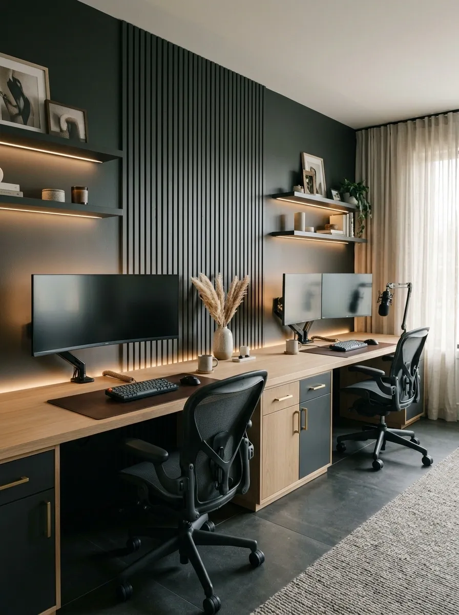 One Continuous Gaming Desk With Contrasting Setups