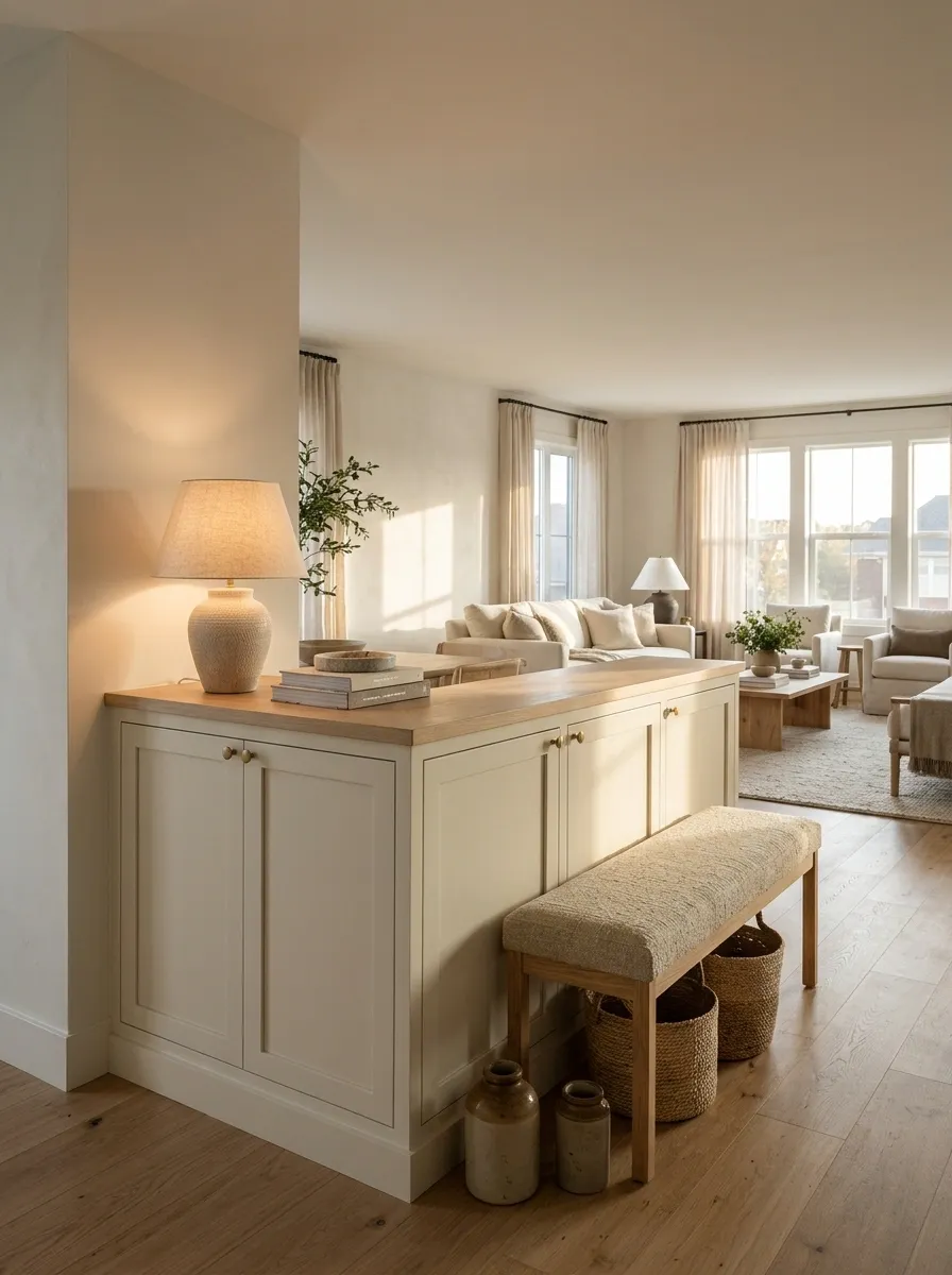 Open-Plan Entry With a Low Storage Divider and a Backless Seat