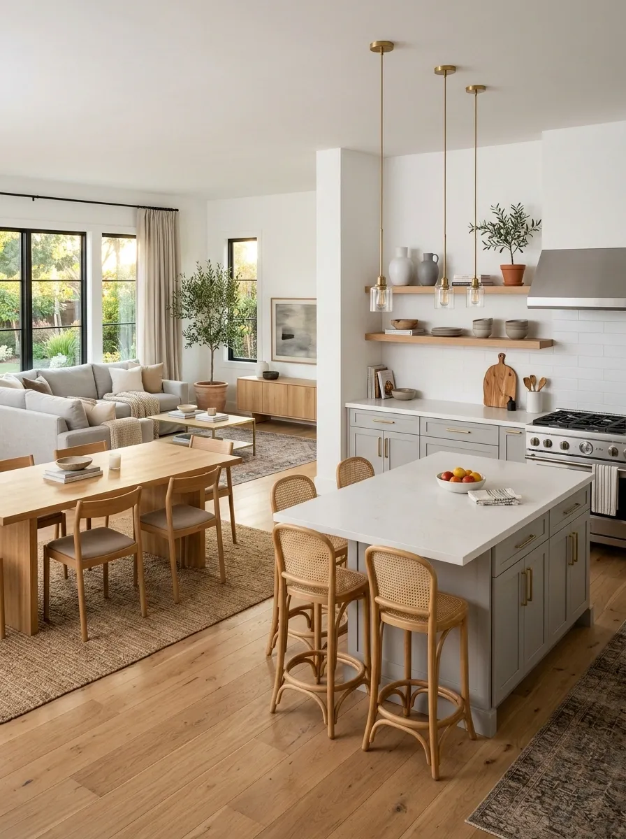 Open-Plan Gray Kitchen With Warm Wood Connections