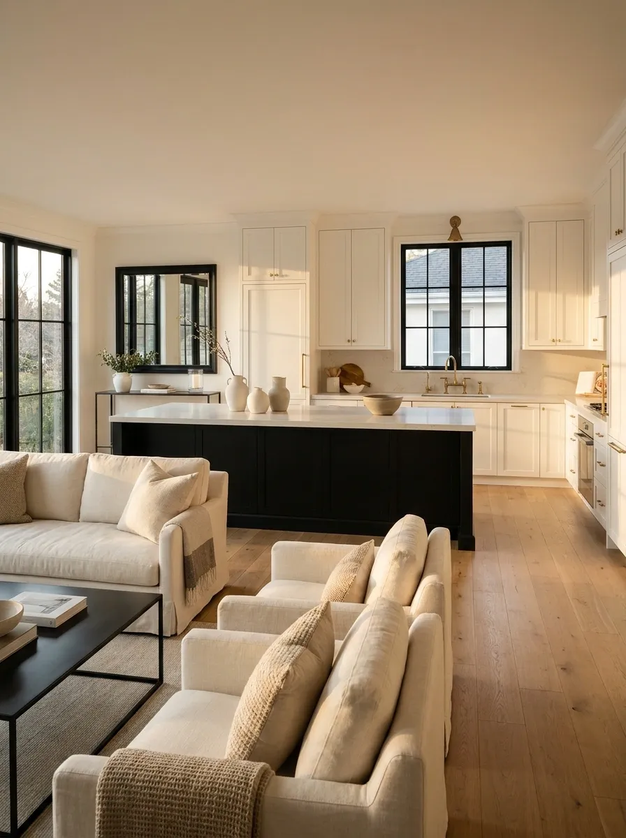 Open-Plan Kitchen With a Black Island Anchoring the Living Space