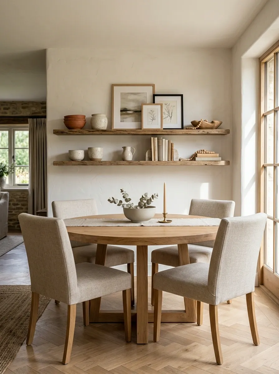 Open-Shelf Dining Wall With Round Table and Collected Ceramics