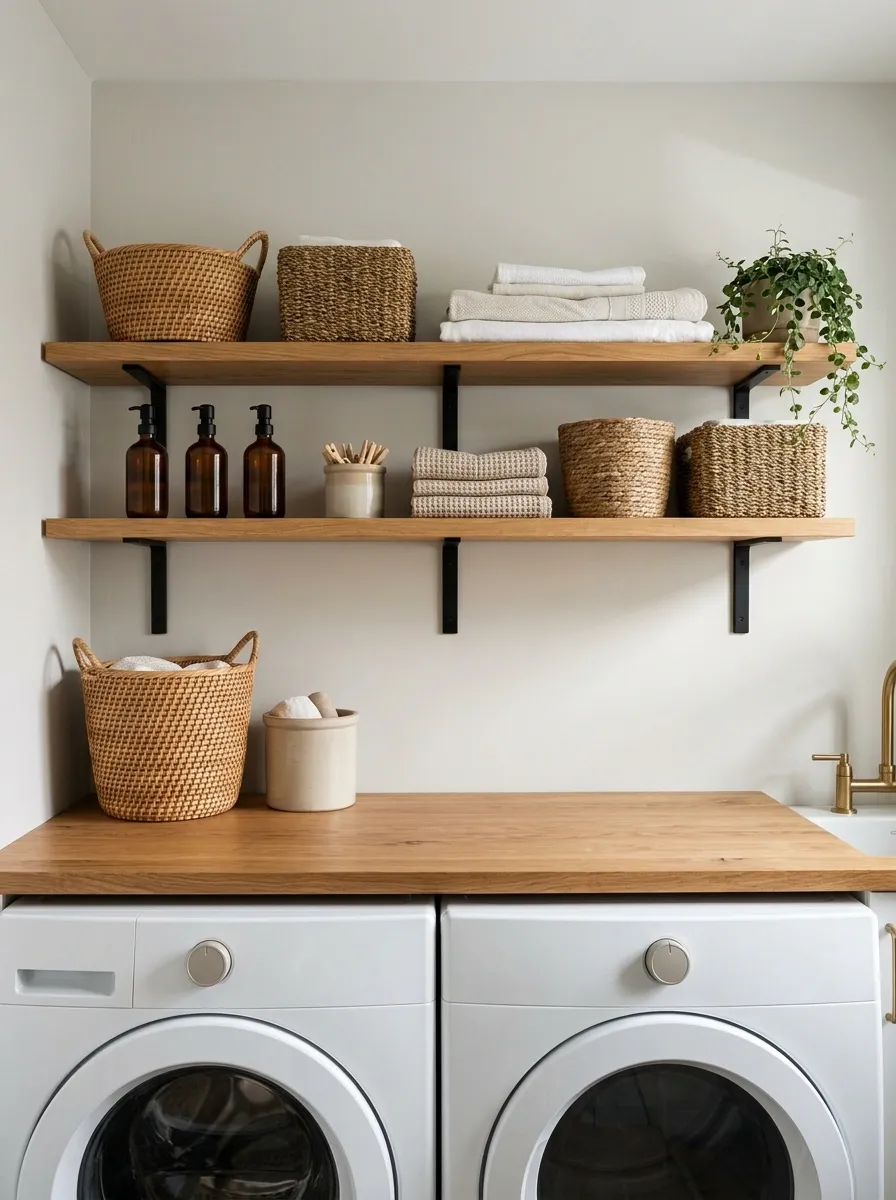 Open-Shelf Laundry Room With Coordinated Baskets