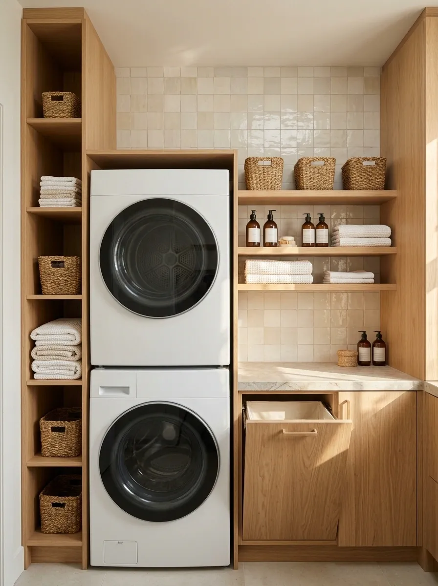 Open-Shelf Laundry Tower With Matching Woven Baskets