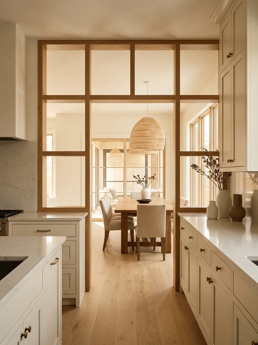 Open Timber Grid Partition Between Kitchen and Dining Space