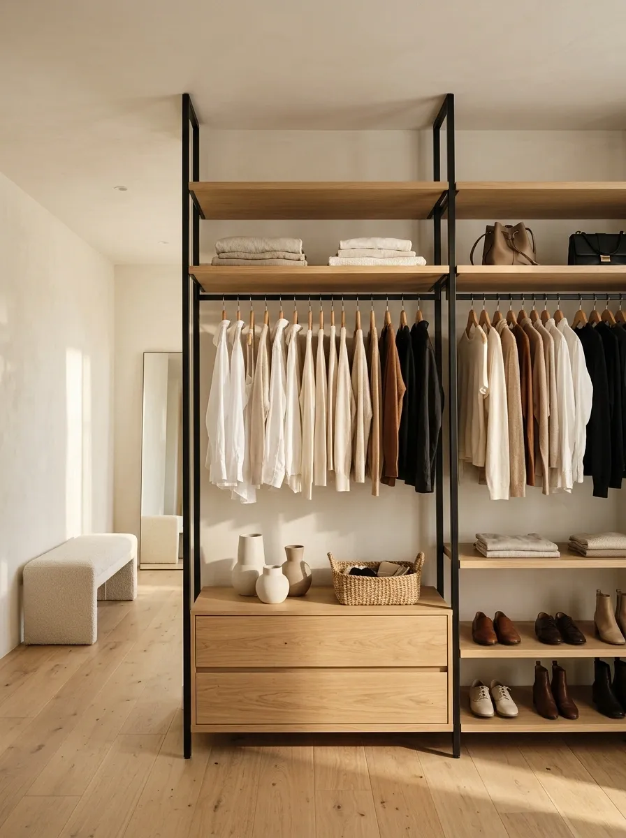 Open Wardrobe With Black Rails and Natural Wood Shelves