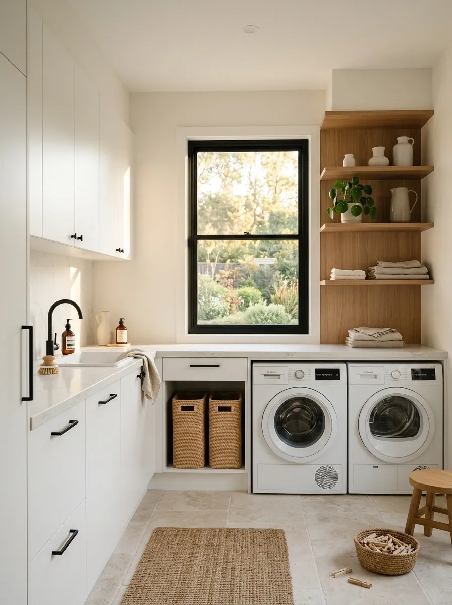 Organic Black and White Laundry Room With Warm Oak