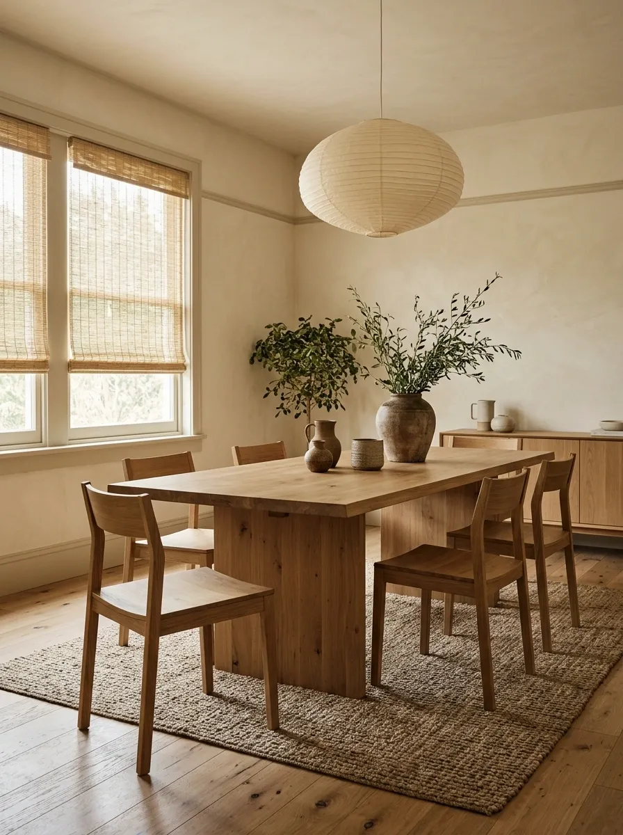 Organic Dining Room With Woven Wood Shades
