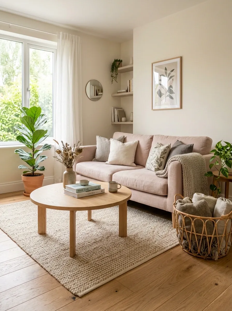 Organic Girly Apartment With Blush Linen, Oak, and Greenery