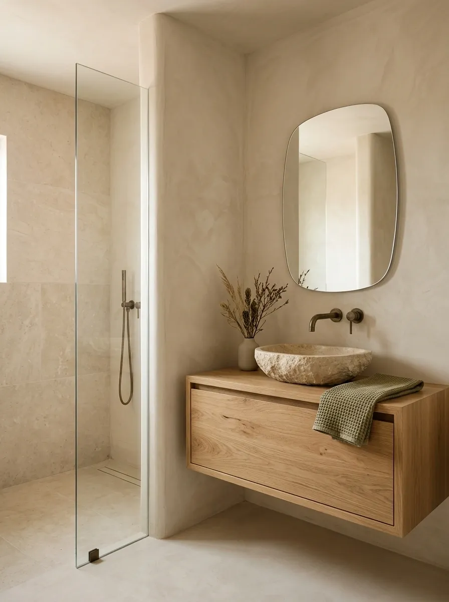 Organic Minimal Southwestern Bathroom With Limestone and Oak