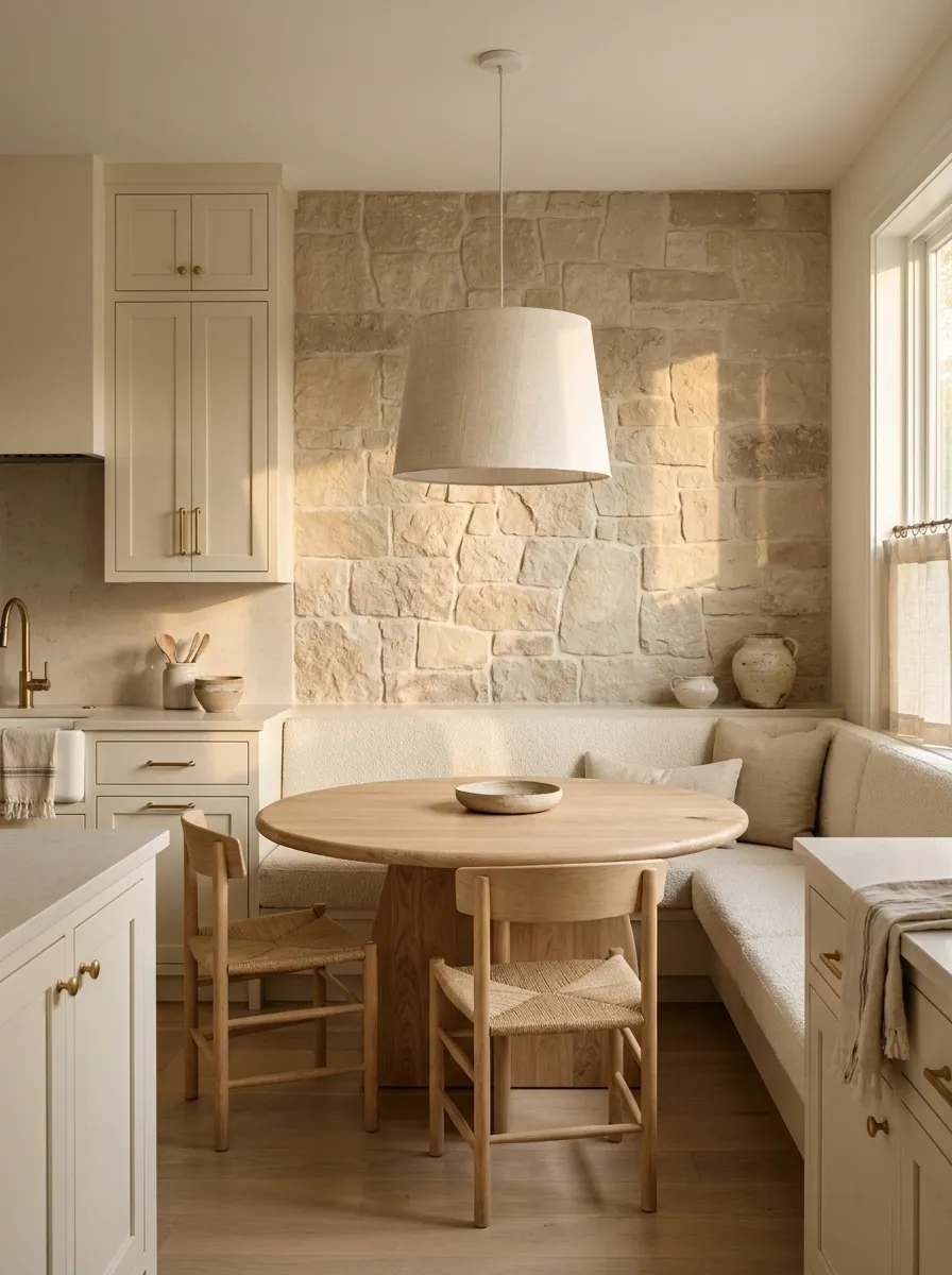 Organic Modern Banquette With Limestone and Light Oak