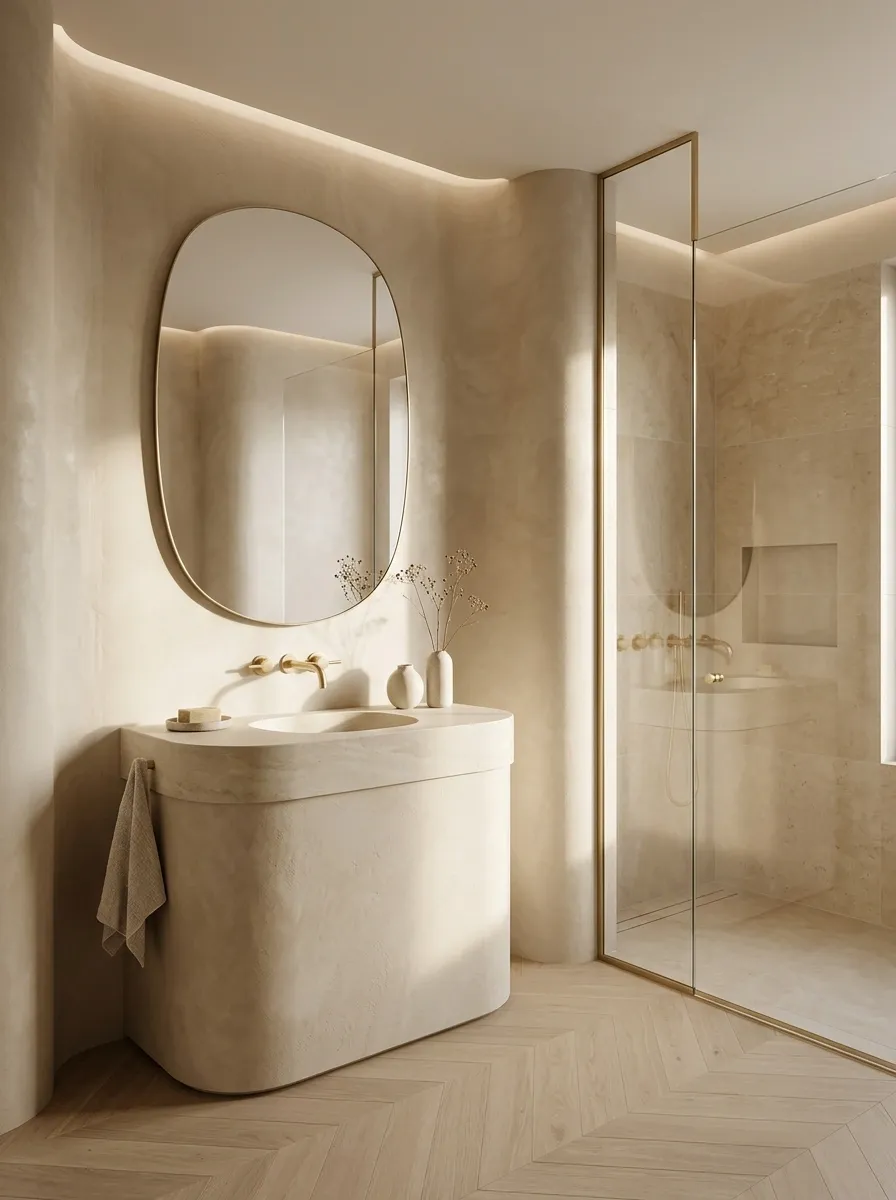 Organic Modern Bathroom With Curved Beige Forms