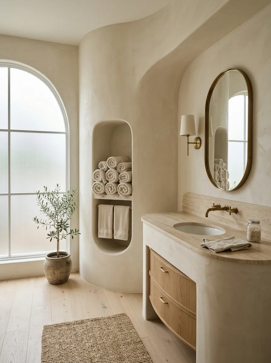 Organic Modern Bathroom With Curved Plaster Storage