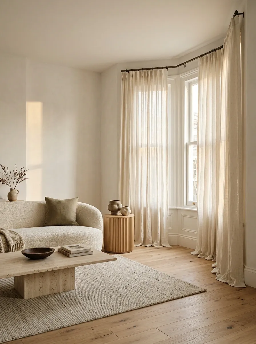 Organic Modern Bay With Textured Ivory Drapery