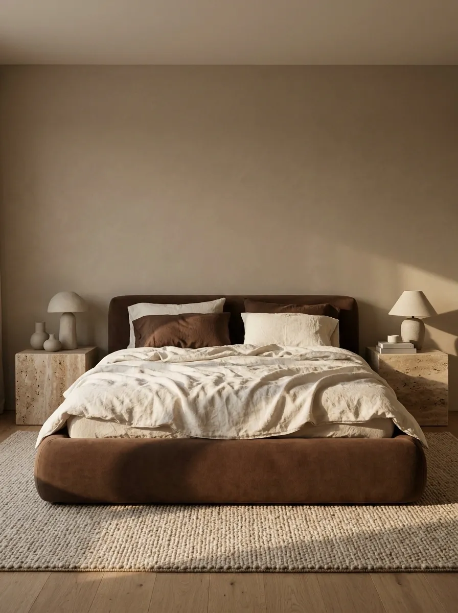 Organic Modern Bedroom With Chocolate Upholstery and Natural Stone