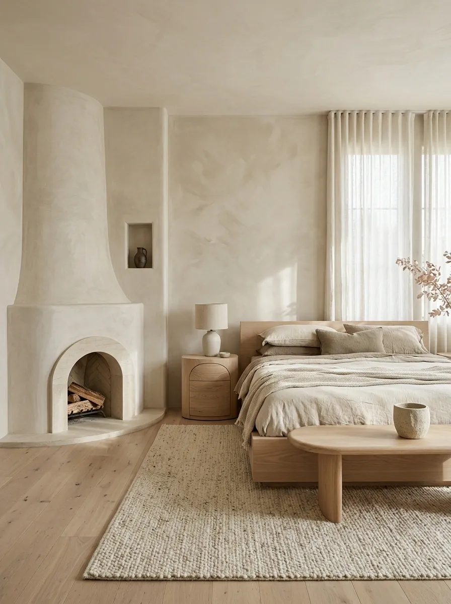 Organic Modern Bedroom With Fireplace, Limewashed Walls, and Oak